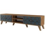 Meuble tv 2 portes et 2 �tag�res varize 180cm motif arabesque bleu et bois