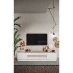 Meuble tv 205cm collection fanzy. coloris blanc laqué et chêne clair, idéal dans un salon design Meuble tv 205cm collection fanzy. coloris blanc laqué et chêne clair, idéal dans un salon design