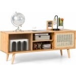 Goplus - meuble tv en bambou pour tv 55', 2 portes coulissantes en rotin, verre trempé, pieds en bois ... Goplus - meuble tv en bambou pour tv 55', 2 portes coulissantes en rotin, verre trempé, pieds en bois ...