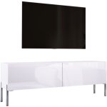 Meuble tv : blanc mat / blanc brillant, pieds chrome, 140 � 52 � 32 cm