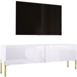 Meuble tv : blanc mat / blanc brillant, pieds dor�es, 140 � 52 � 32 cm
