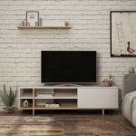 Toscohome - meuble tv en bois 160 cm avec �tag�re et tablettes en blanc et ch�ne - stockton