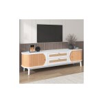 Libert� - meuble tv - meuble tv en bois naturel avec portes et tiroirs en rotin, style champ�tre naturel ...