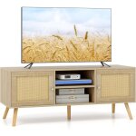 Costway - meuble tv bois, meuble tele  porte cannage avec 4 compartiments pour tv 55', banc tv 120cm ...