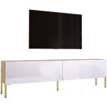 Meuble tv : ch�ne wotan / blanc brillant, pieds dor�es, 170 � 52 � 32 cm