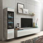 Deco in paris - meuble tv contemporain gris bton et blanc laqu avec led -