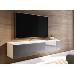 Meuble tv contemporain laqu� gris et blanc avec led 2 portes