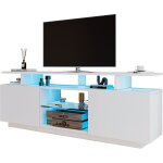 Modernluxe - meuble tv moderne 140cm avec led pour tv 60' - 2 portes et 2 compartiments en verre - blanc ...