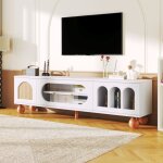 Wishdor - meuble tv blanc avec porte en rotin, porte coulissante en verre