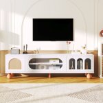 Meuble tv blanc 170 cm avec porte en rotin et porte coulissante en verre, buffet bas avec poignes dores ...
