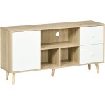 Meuble tv scandinave porte 3 niches 2 tiroirs pitement bois de pin aspect chne clair blanc