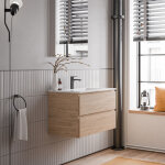 Meuble vasque suspendu salle de bain mdf ch�ne miel, lavabo c�ramique blanc brillant + trou robinet, ...