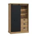 Buffet haut 1 porte 3 tiroirs dcor chne et noir clairage led - farm