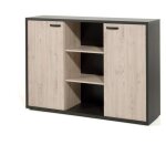 Meublorama - buffet bas de rangement pour bureau 2 portes et �tag�res coloris ch�ne clair et noir