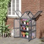 Mini serre de jardin en bois 3 �tag�res, toit ouvrant et portes verrouillables, panneaux polycarbonate ...