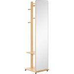 Miroir sur pied avec roulettes - portant, 4 pat�res �tag�re mdf aspect bois clair