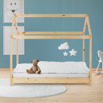 Ml - design - lit d'enfants 70x140 cm avec toit et sommier en bois de pin massf, naturel, structure maison ...