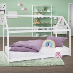 Ml - design - lit d'enfants 90x200 cm avec toit et sommier en bois de pin massf, blanc, structure maison ...