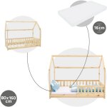 Ml - design lit cabane enfant 80x160 cm naturel avec matelas, protection contre la chute, toit et sommier ...