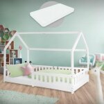 Ml - design lit cabane enfant 90x200 cm blanc avec matelas h:10cm, protection contre la chute, toit et ...