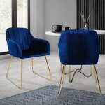 Set de 2 chaises de salle � manger, bleu, assise rembourr�e en velours, pieds dor�s en m�tal, avec dossier ...