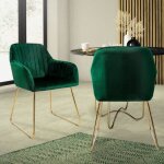 Set de 2 chaises de salle � manger, vert, assise rembourr�e en velours, pieds dor�s en m�tal, avec dossier ...