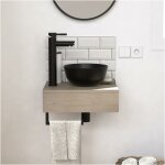 Meuble lave - mains plan �pais porte - serviettes dessous + vasque noire + robinet