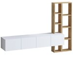 Mobilier1 - calicosy - meuble tv suspendu 4 portes blanc et �tag�re ch�ne l182 cm - pana