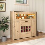Modernluxe - buffet?casier à vin avec led - 2 portes & 2 tiroirs & clayettes en verre - naturel Modernluxe - buffet?casier à vin avec led - 2 portes & 2 tiroirs & clayettes en verre - naturel