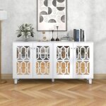 Modernluxe - buffet avec 4 portes et étagères mobiles - surface miroir - poignée en cristal - blanc Modernluxe - buffet avec 4 portes et étagères mobiles - surface miroir - poignée en cristal - blanc