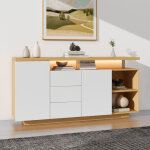 Buffet avec �clairage led - 2 portes, 3 tiroirs, 2 niches - naturel & blanc