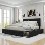 Modernluxe - lit capitonn� en lin avec 4 tiroirs - t�te de lit r�glable + sommier m�tallique - 140x200 ...