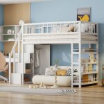 Lit mezzanine 90x200 cm - avec �tag�res et �chelle de rangement - en bois massif - blanc
