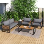 Salon de jardin en fer 4 personnes - 1 canap�?2 fauteuils et 1 table basse - d�cor� de bois d'acacia ...