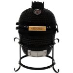 Barbecue charbon de bois mini kamado, bbq cramique noir 33cm avec poigne en bois, thermomtre intgr, ...