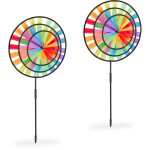 Moulin � vent, lot de 2, aux couleurs de l'arc - en - ciel, hlp 72 x 35 x 15 cm, pour balcon & jardin, ...