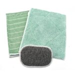 Kit de 1 chiffon microfibres en bambou , 1 lavette double face et 1 ponge en bambou