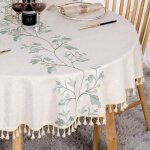 Nappe ronde 140 cm en lin & coton anti - tache lavable beige couverture de table avec feuilles vertes ...