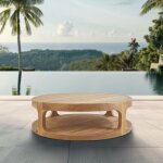 Naturel - table basse ronde de jardin en teck massif, 122x35. 5 cm, deux plateaux (natoftb120120r)