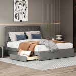 Need lit rembourr en lin gris, 140 x 200 cm lit double avec 4 tiroirs, tte de lit rembourre et sommier ...