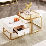 Dans les nuages - lot de 2 table basse gigogne, carr�e, 60 cm, avec plateau en verre, tiroirs, rangement, ...