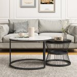 Dans les nuages - lot de 2 table basses gigogne rondes, 70 cm - avec �tag�res, brillant plateau en bois ...