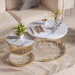 Dans les nuages - lot de 2 table basse gigogne ronde, 70 cm - plateau brillant en bois effet marbre pvc ...