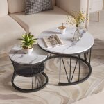 Dans les nuages - lot de 2 table basse gigogne ronde, 70 cm - plateau brillant en bois effet marbre pvc ...