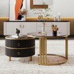 Dans les nuages - lot de 2 table basse gigogne ronde, 70x50 cm - avec plateau en verre brun, 2 tiroirs, ...