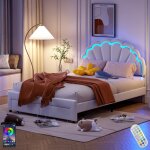 Dans les nuages - lit 140x190 cm, avec 2 tiroirs, led, t�te de lit en forme de fleur, app, t�l�commande, ...