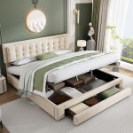 Dans les nuages - lit coffre 180x200 cm, tissu velours, avec tiroirs, rangement pour hydraulique, pour ...