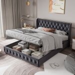 Dans les nuages - lit coffre capitonn� 140x190 cm, avec hydraulique de rangement, sommier � lattes, cadre ...