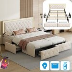 Dans les nuages - lit double 140x190 cm, avec 4 tiroirs de rangement, �clairage led, sommier � lattes ...