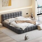 Dans les nuages - lit double 140x190 cm, tissu lin, avec t�te de lit rembourr�, sommier � lattes, lit ...